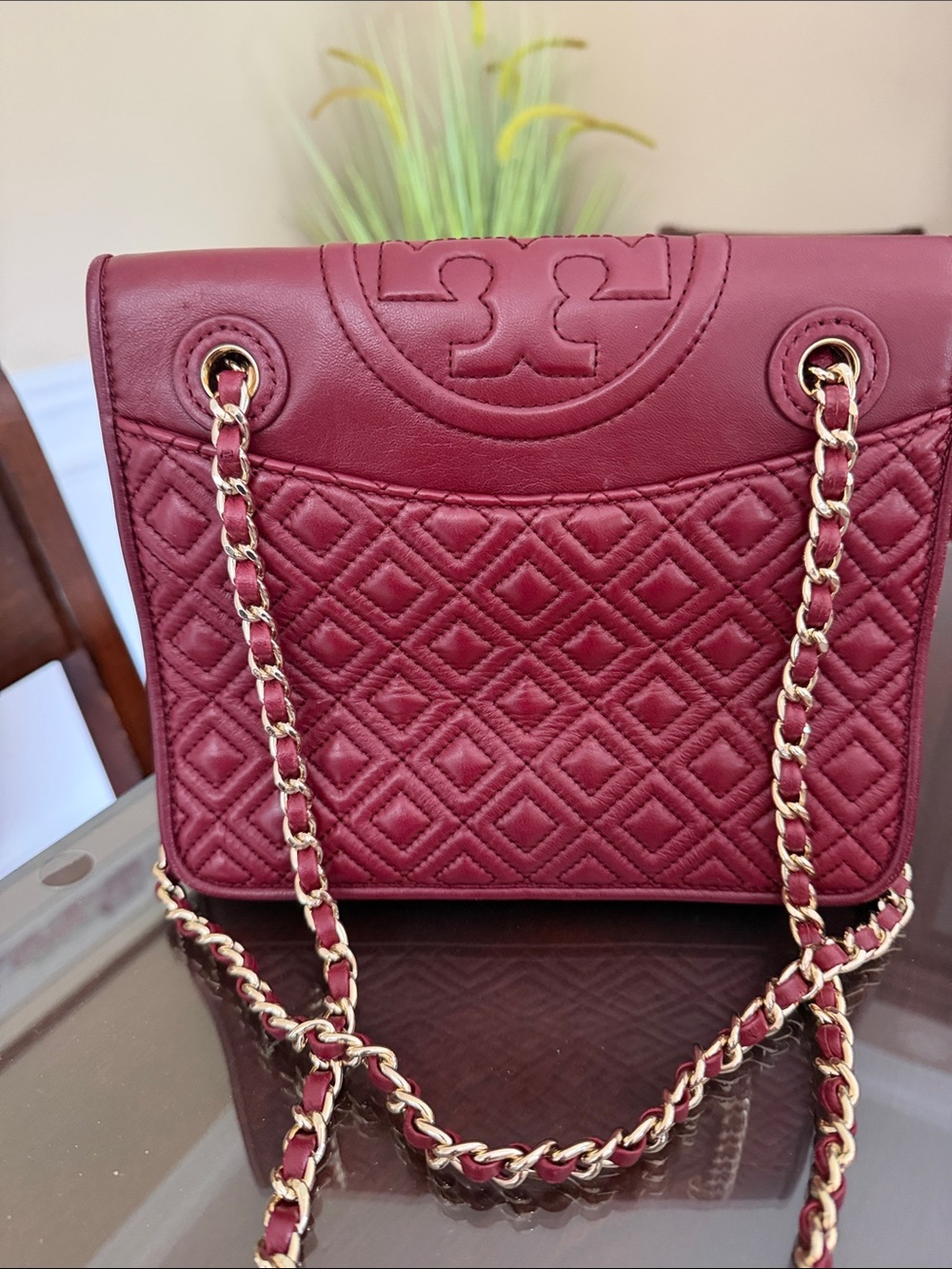 Tory Burch Quilted Chain-Detail Shoulder Bag in Burgundy and Gold